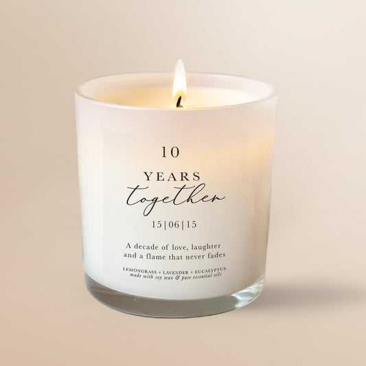 10 years together Personalised 10 Year Anniversary Candle Gift for couple, Wedding anniversary gift for her Pure essential oil soy wax aromatherapy candle