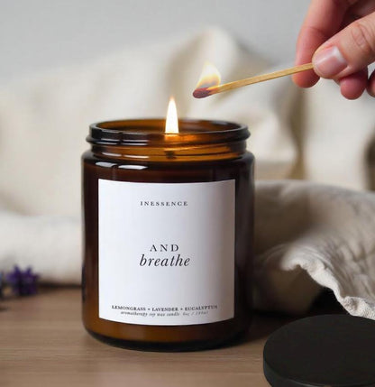 &#39;And Breathe&#39; Mindfulness Aromatherapy Candle, Supportive Thoughtful Gift, Affirmation gift, Pure essential oil soy wax, gift for friend waterproof label