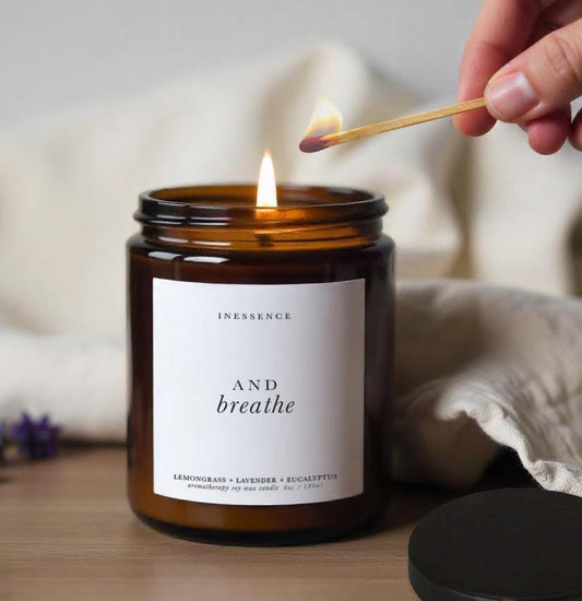 &#39;And Breathe&#39; Mindfulness Aromatherapy Candle, Supportive Thoughtful Gift, Affirmation gift, Pure essential oil soy wax, gift for friend waterproof label