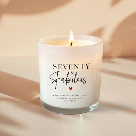 70th Birthday Aromatherapy Candle Gift with a label that says 70 and fabulous and little heart. An all natural candle using only pure essential oils and soy wax