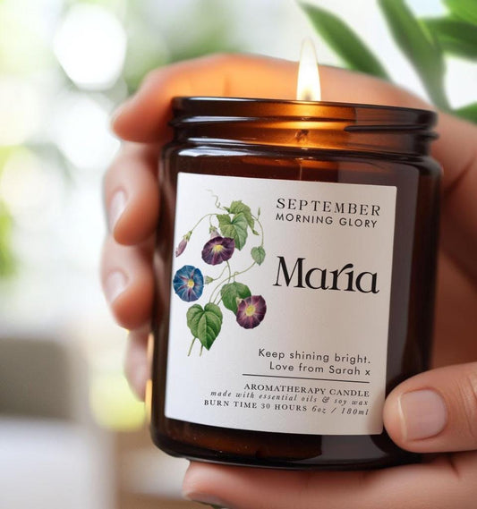 Personalized September Birth Flower Candle: Morning Glory Essential Oil Soy Candle