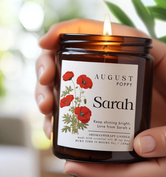 Personalized Poppy Candle: August Birth Flower, Essential Oil Soy Wax