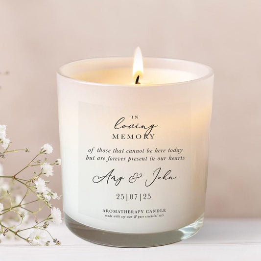 White Wedding Day Remembrance Candle with clear label that reads  In loving memory of those that cannot be here today but are forever present in our hearts. 200ml candle made with essential oils and soy wax.