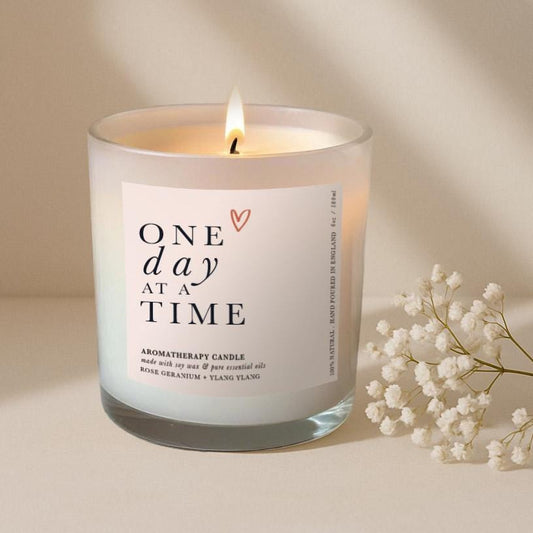 Luxury Wellbeing Candle with a label that reads &#39;One day at a time&#39; Aromatherapy candle, Thinking Of You, Get Well Soon, Recovery Thoughtful Gift, Essential oil soy wax