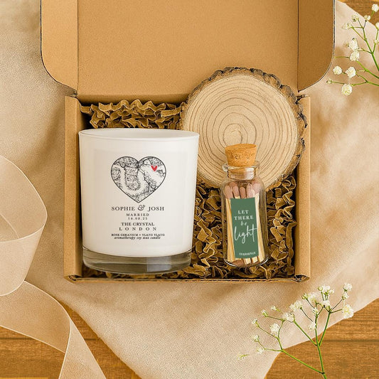 Personalised Wedding Candle Gift Set for Couple, Map Candle, Wedding present, 100% Natural, Inc Matches Coaster & Gift Box with Ribbon