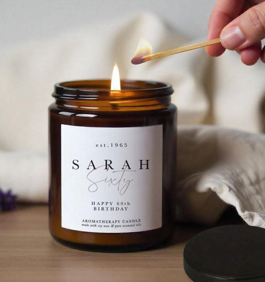 Personalised 60th Birthday Aromatherapy Candle: Luxury Essential Oil Soy Wax Candle Gift, Personalised with Name and year of birth
