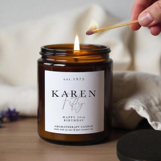 Personalised 50th Birthday Candle: Luxury Essential Oil Soy Wax Candle Gift
Personalised with year of birth, name and message.