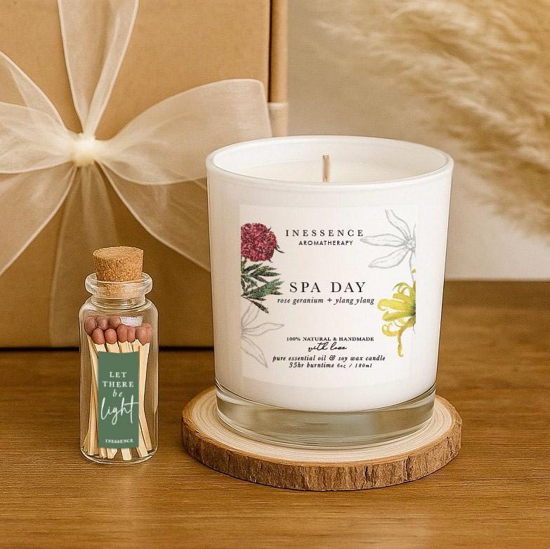 Spa Day Candle Gift Set: Aromatherapy Soy Candle with Matches & Coaster
