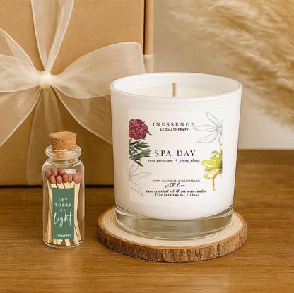 Spa Day Candle Gift Set: Aromatherapy Soy Candle with Matches & Coaster