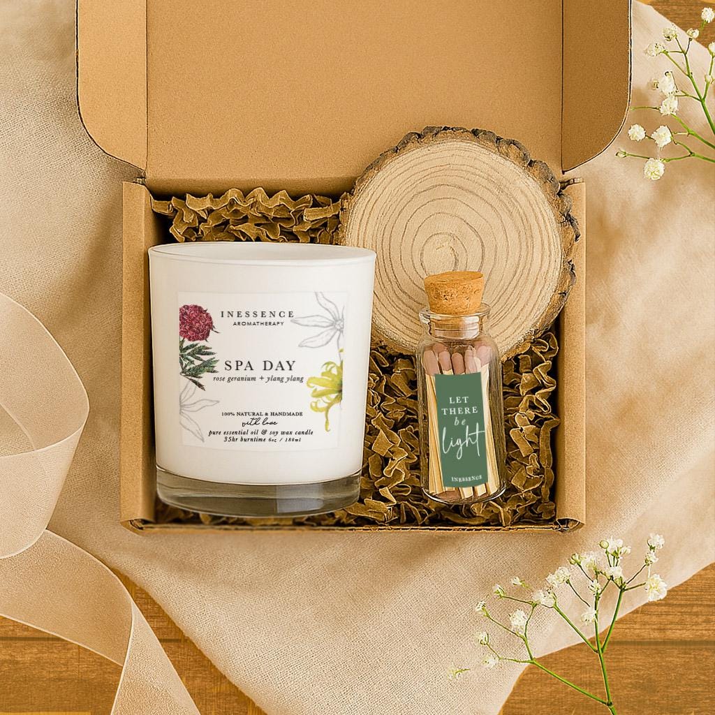 Spa Day Candle Gift Set: Aromatherapy Soy Candle with Matches & Coaster