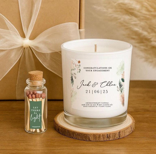 Personalised Engagement Candle Gift | Luxury Custom Aromatherapy Gift for Newly engaged couples made with Soy Wax and Essential Oils. Label can be perosnalised with names and date of engagment and a message if desired. Includes matches, wood coaster and gift wrap.