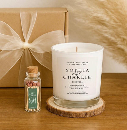 Personalised Engagement Candle Gift Set: Soy Wax Aromatherapy, Matches & Coaster