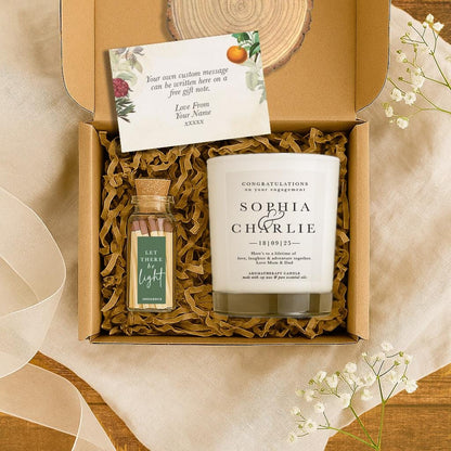 Personalised Engagement Candle Gift Set: Soy Wax Aromatherapy, Matches & Coaster