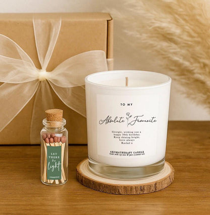 Best Friend Personalised Birthday Candle Gift Set: Luxury Aromatherapy Gift Box with Matches, Coaster and Gift wrap
Label reads 'to my absolute favourite' then a personal message