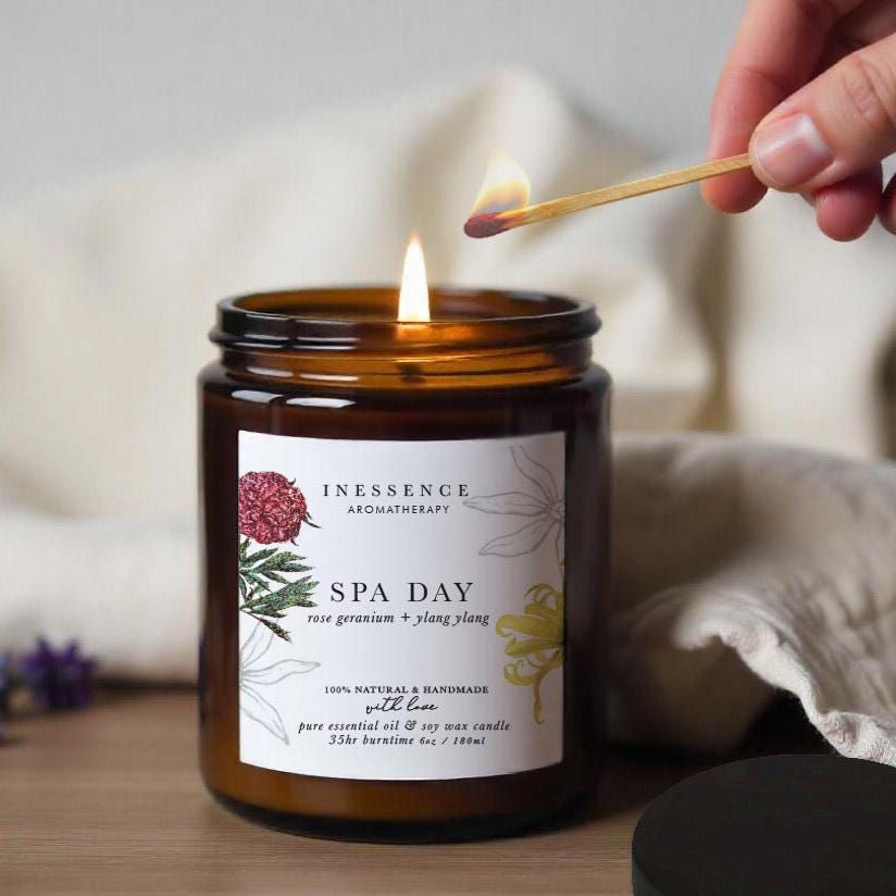 Spa Candle: 100% Natural Pure Essential Oil Aromatherapy Candle Rose Geranium Ylang Ylang Soy Wax