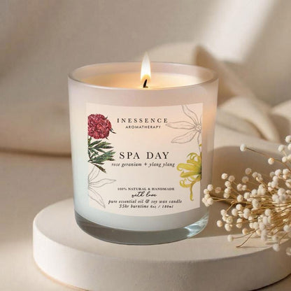Spa Day Aromatherapy Candle: 100% Natural Pure Essential Oils Rose Geranium Ylang Ylang Soy Wax