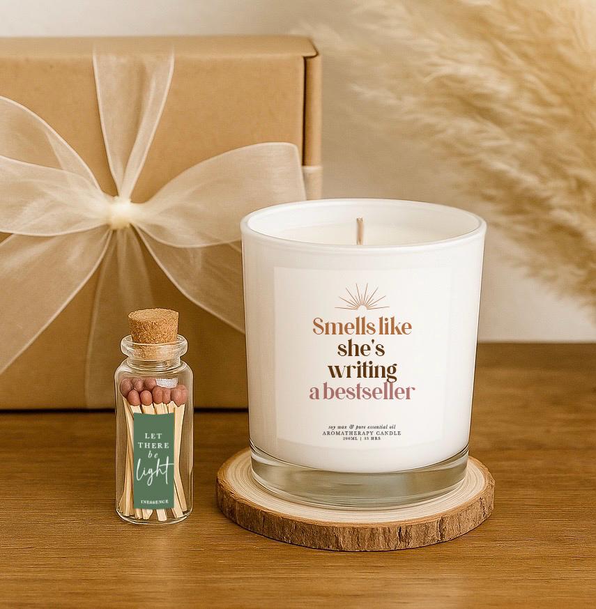Personalised Author Gift Set: Natural Soy Wax Candle, Essential Oils with Bottle of Matches