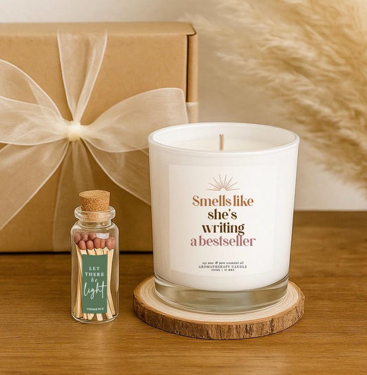 Personalised Author Gift Set: Natural Soy Wax Candle, Essential Oils with Bottle of Matches
