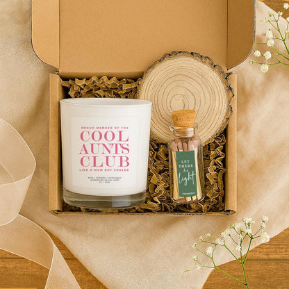Cool Aunts Club candle gift set in pink design with matches in kraft gift box