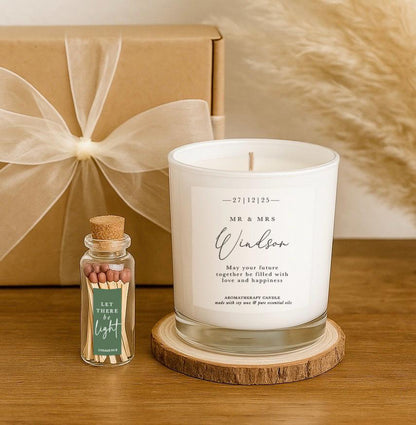 Personalised Wedding Soy Candle Gift Set, Mr and Mrs with Matches and Coaster