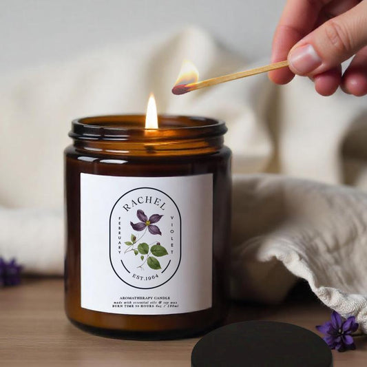 Personalised Birth Flower Candle, February Birthday Gift for Her, Essential Oil Soy Wax Aromatherapy