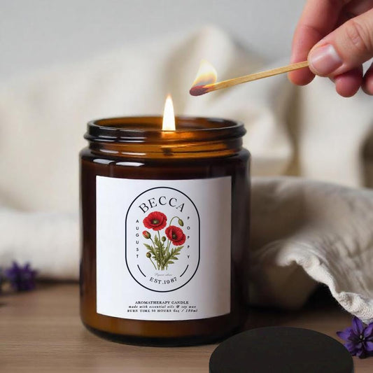 Personalised August Birth Flower Aromatherapy Candle, Poppy Birthday Gift for Her, Essential Oil Soy