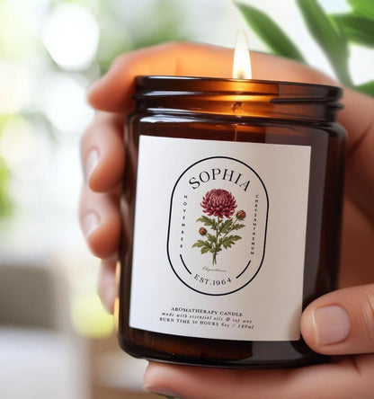 Personalised November Birth Flower Aromatherapy Candle, 100% Natural, Birthday Gift for Her