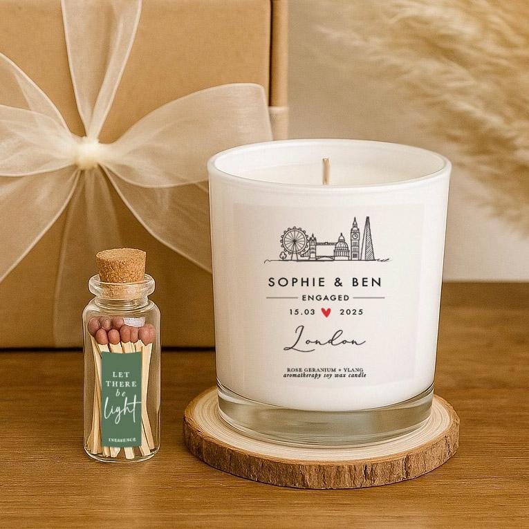 Personalised London Engagement Candle – 100% Natural Custom Aromatherapy Soy Wax Gift with Match Bottle