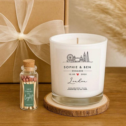 Personalised London Engagement Candle – 100% Natural Custom Aromatherapy Soy Wax Gift with Match Bottle
