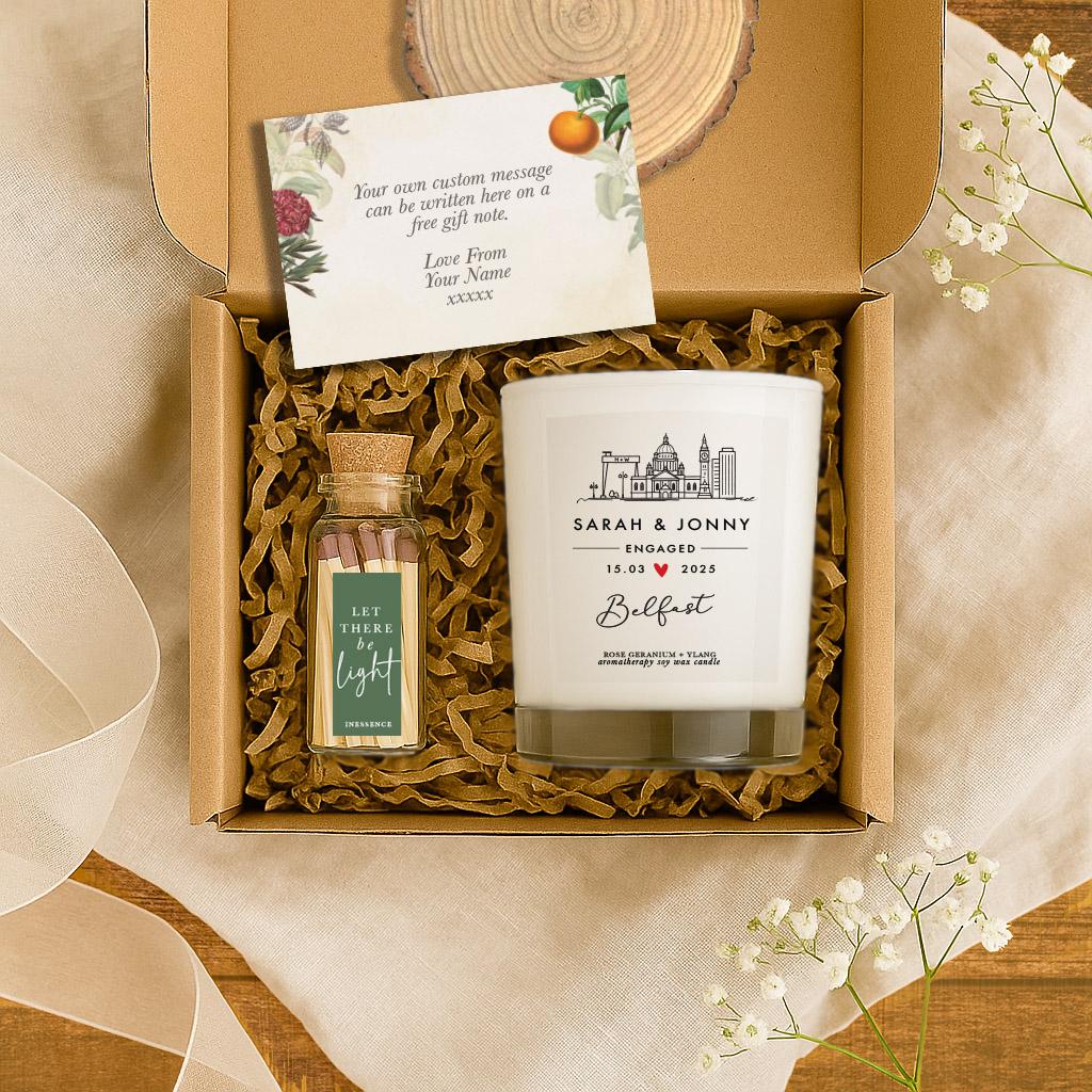 Personalised Belfast Engagement Candle – 100% Natural Custom Aromatherapy Soy Wax Gift with Match Bottle