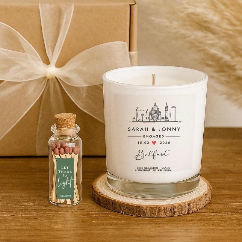 Personalised Belfast Engagement Candle – 100% Natural Custom Aromatherapy Soy Wax Gift with Match Bottle
