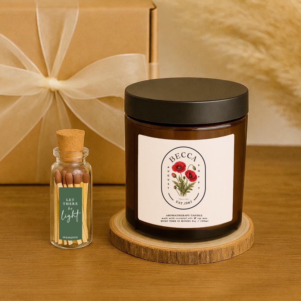 Personalised Poppy Aromatherapy Candle Gift Set, August Birthday