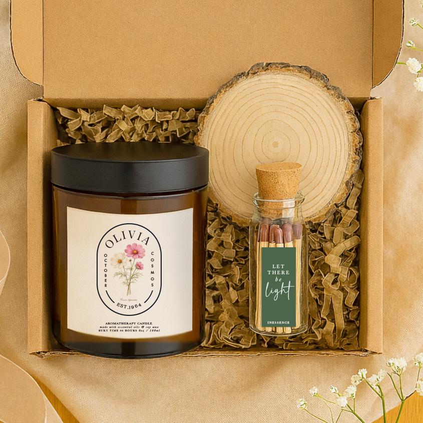 Personalised October Birth Flower Candle Gift Set, Aromatherapy, Natural