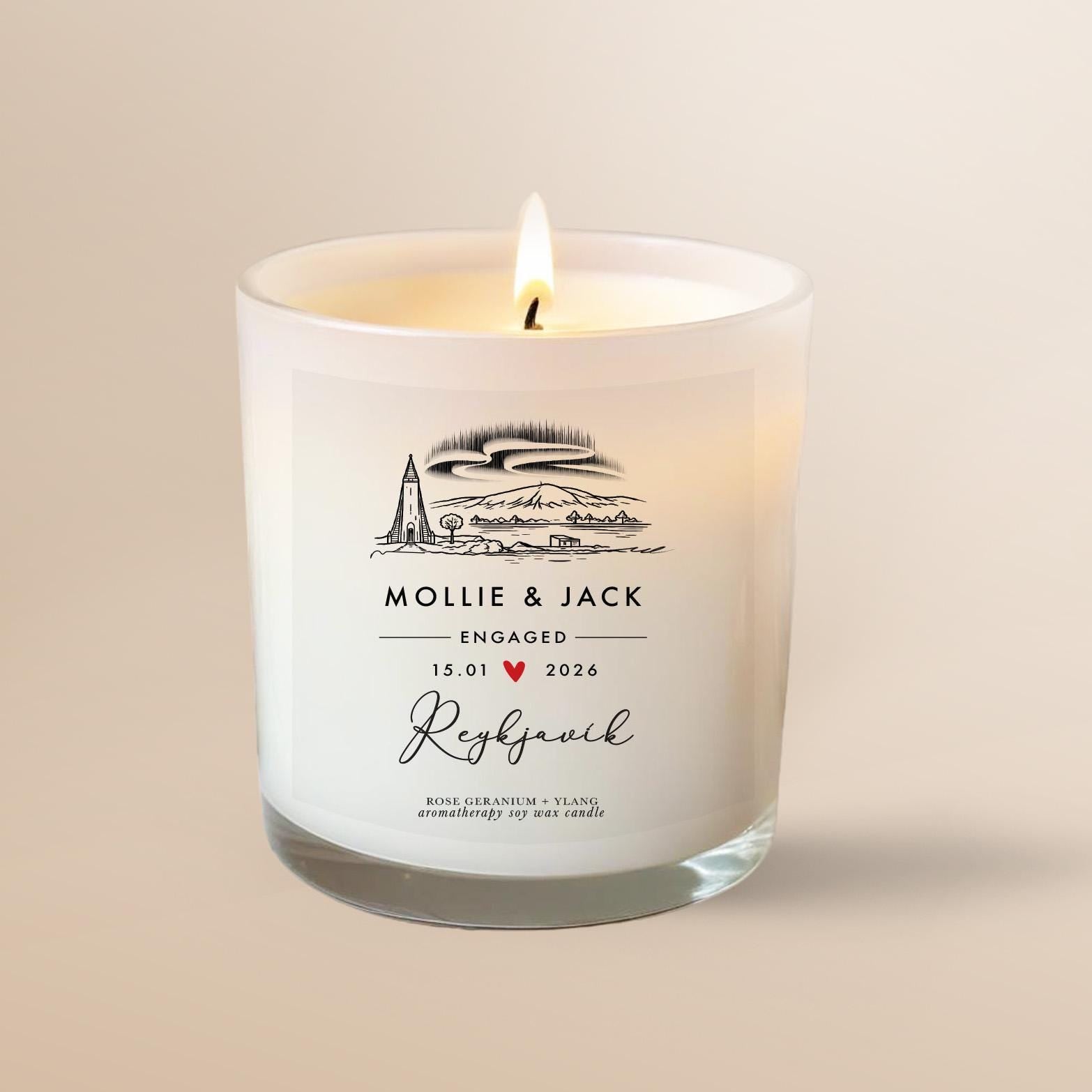 Personalised Reykjavík Engagement Candle | Aromatherapy Custom Couple Gift | Iceland Engagement Keepsake