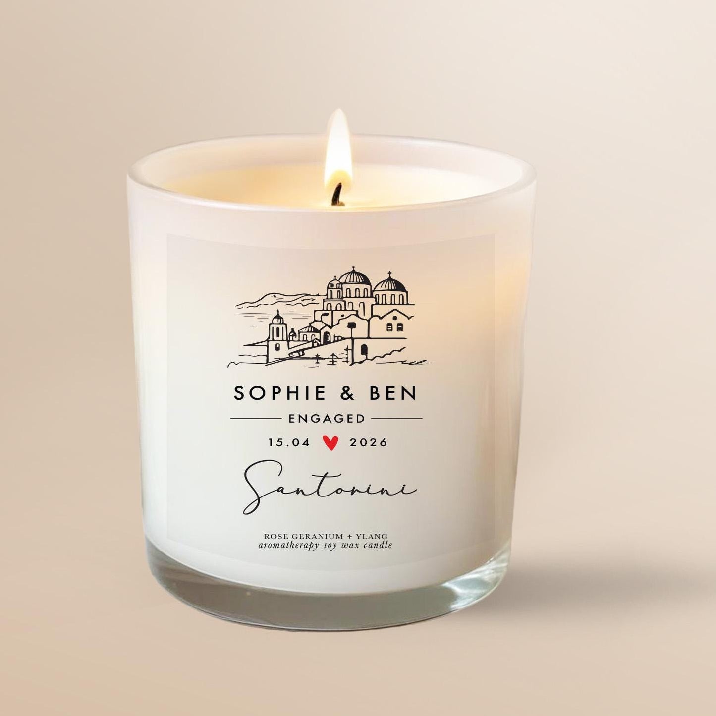 Personalised Santorini Engagement Candle | Aromatherapy Soy Wax Couple Gift