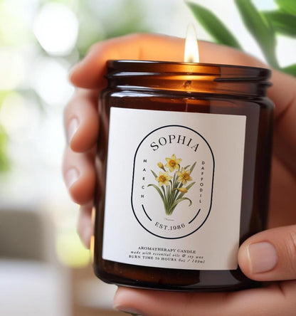 Personalised Birth Flower Candle, March Birthday Gift for Her, Essential Oil Soy Wax Aromatherapy