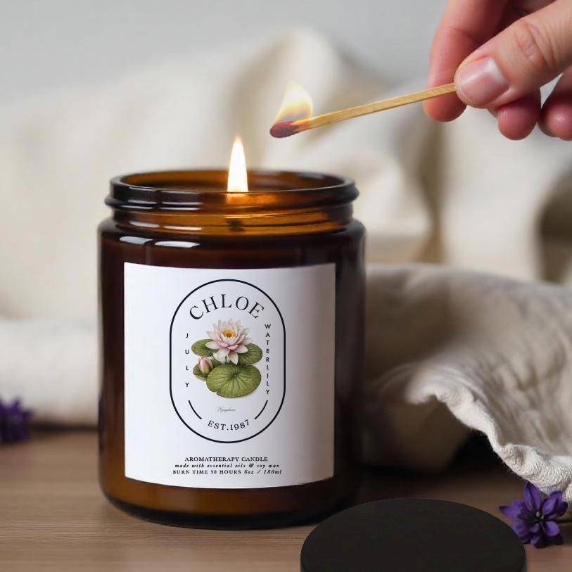 Personalised July Birth Flower Aromatherapy Candle, Waterlily Birthday Gift for Her, Essential Oil Soy