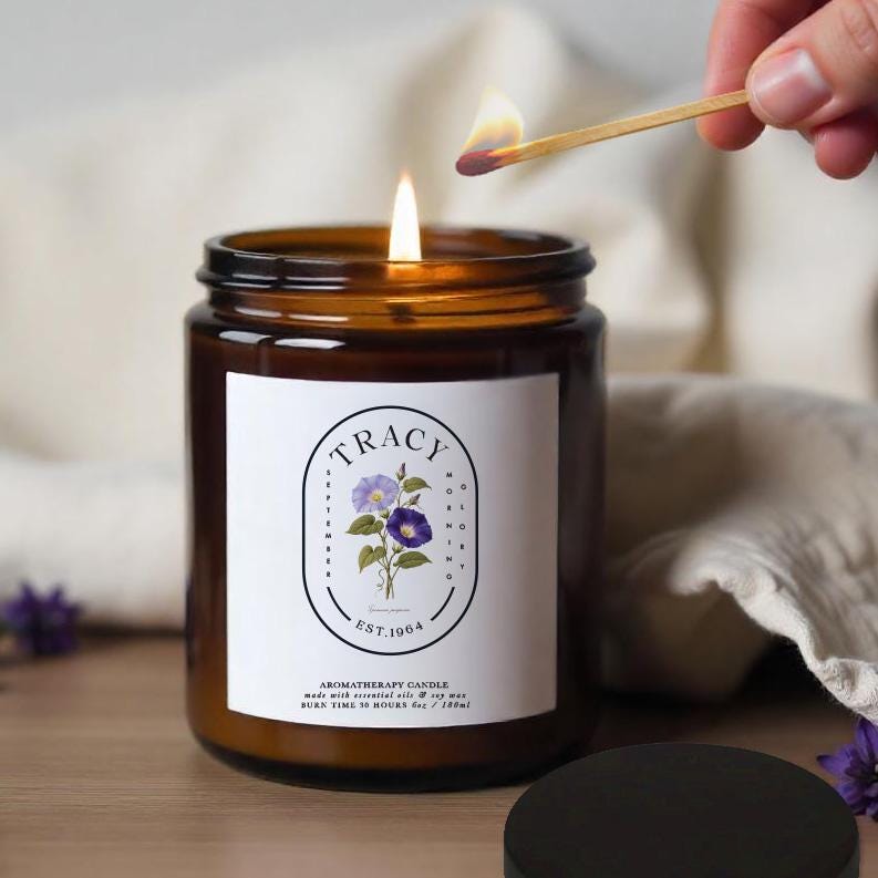 Personalised September Birth Flower Aromatherapy Candle, Morning Glory Birthday Gift for Her