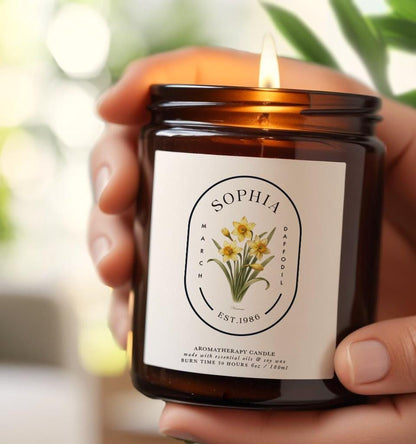 Personalised March Birth Flower Candle Gift Set, Aromatherapy Soy Wax