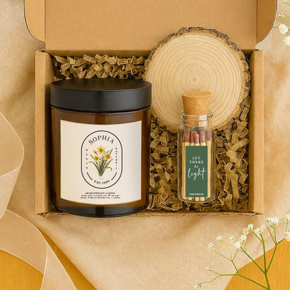 Personalised March Birth Flower Candle Gift Set, Aromatherapy Soy Wax