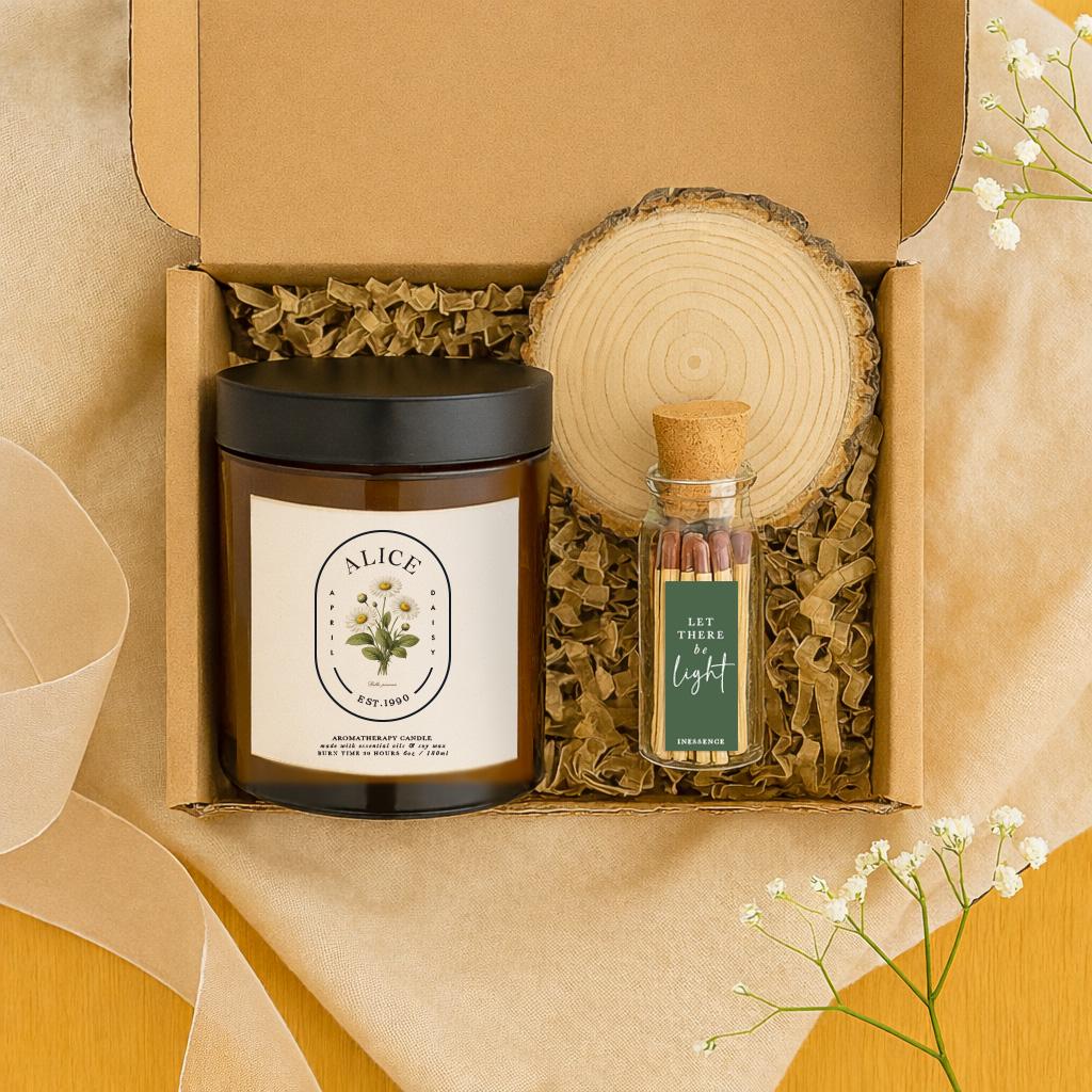 Birth Flower Personalised April Daisy Candle Gift Set, Essential Oil Aromatherapy, Birthday Gift