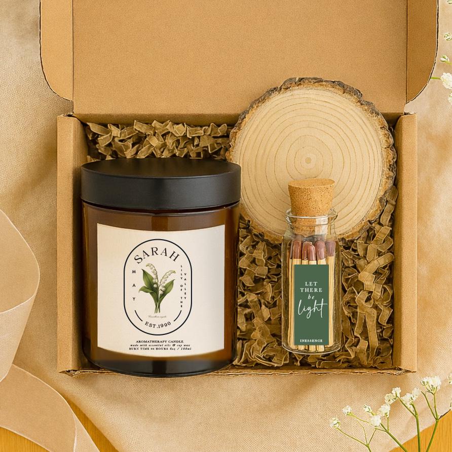 Personalised May Birth Flower Candle Gift Set, Lily of the Valley Scented Soy Candle