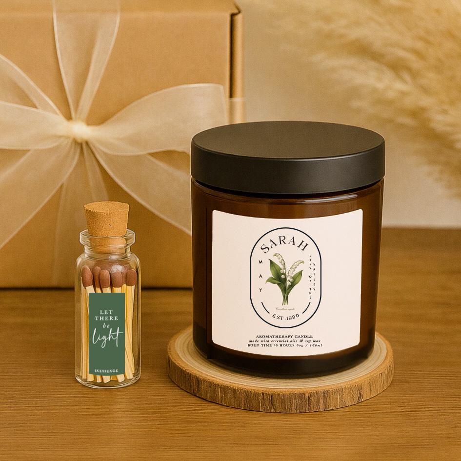 Personalised May Birth Flower Candle Gift Set, Lily of the Valley Scented Soy Candle