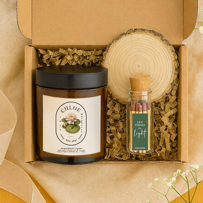 Personalised Waterlily Candle Gift Set, July Birth Flower, Aromatherapy Soy