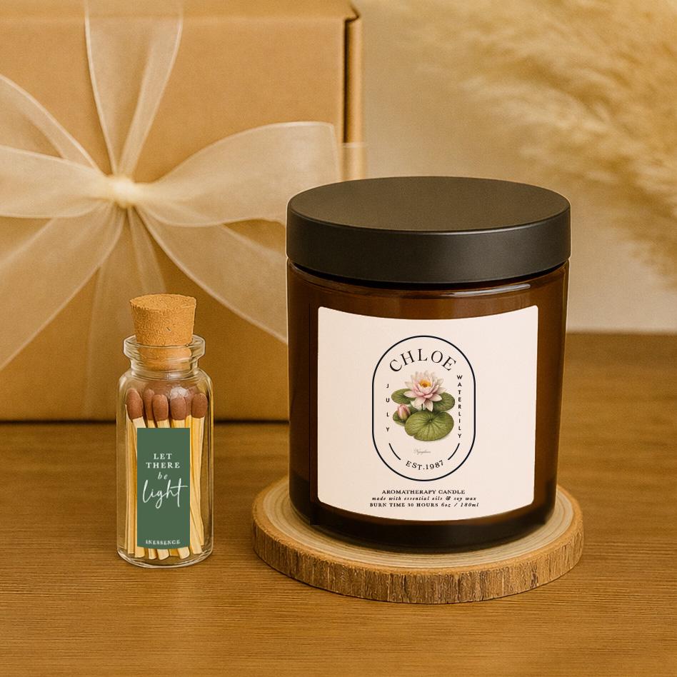 Personalised Waterlily Candle Gift Set, July Birth Flower, Aromatherapy Soy